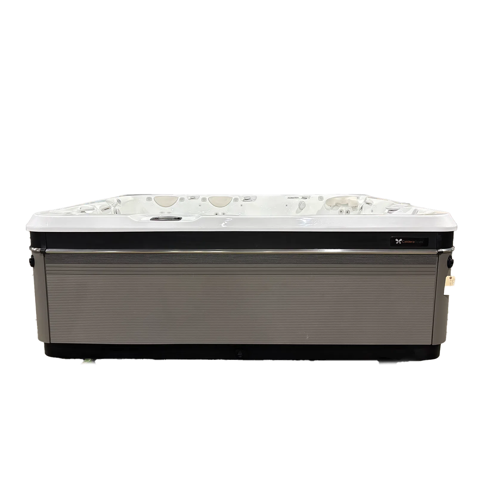 Modern rectangular hot tub with white interior and gray exterior paneling isolated on white background.