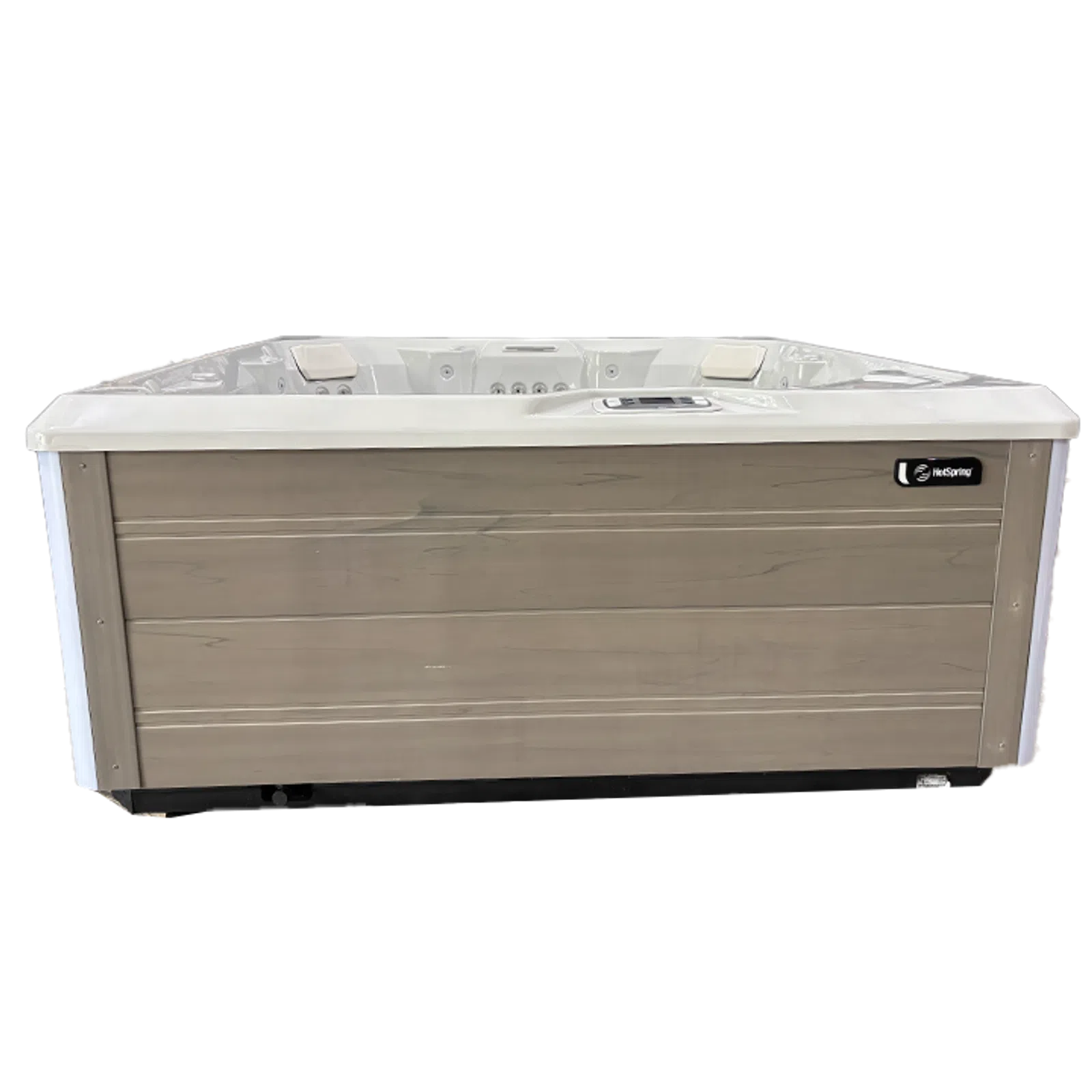 Modern rectangular hot tub with gray wooden panel exterior and white interior featuring jets and headrests.