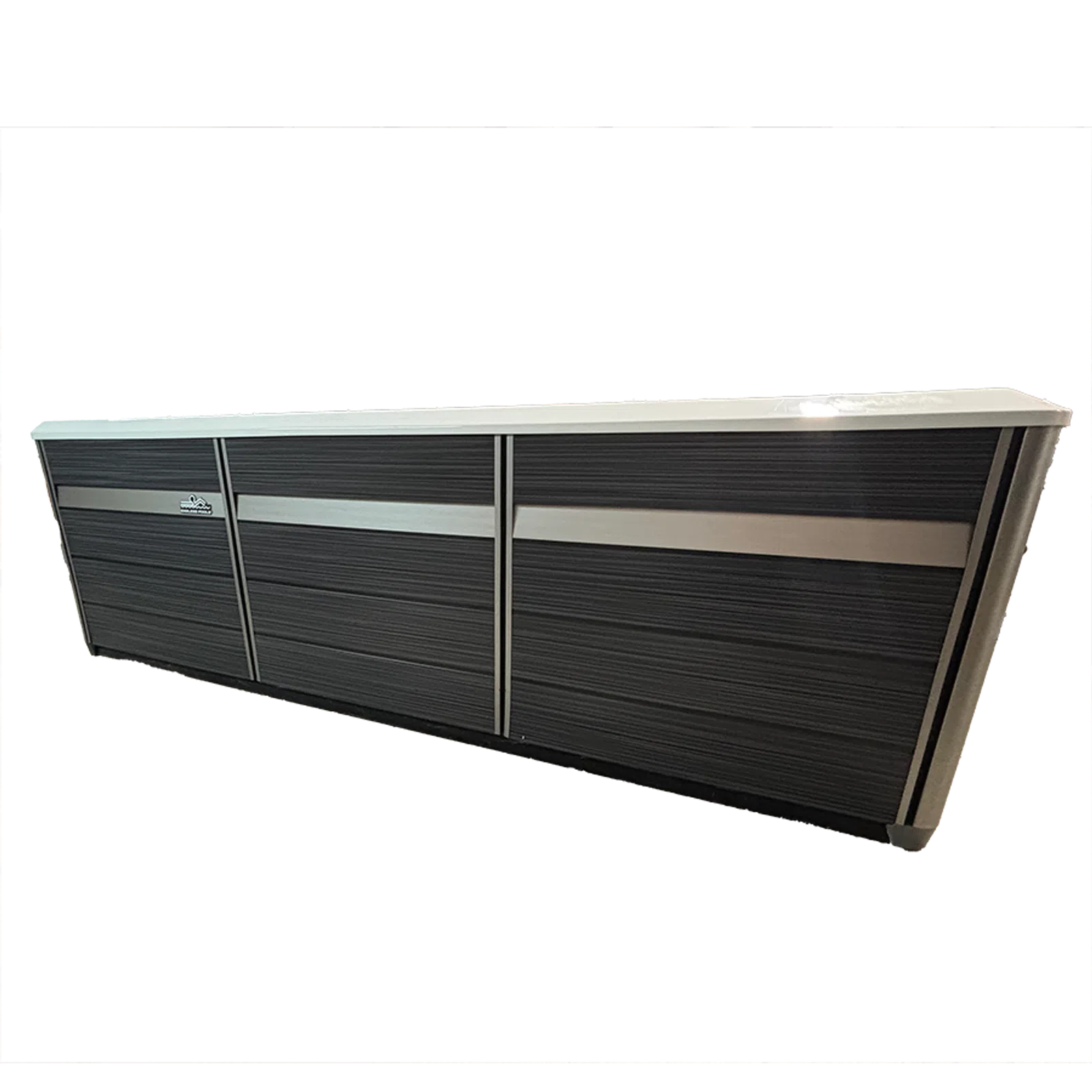 Long rectangular gray outdoor storage box with horizontal panel design and three compartments