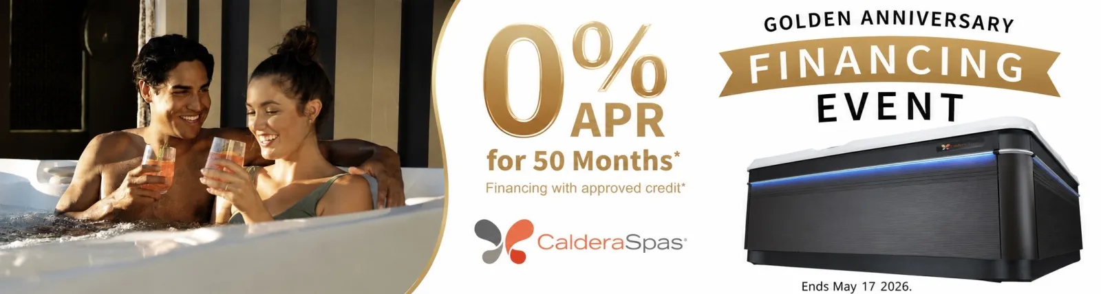 Couple enjoying hot tub with 0% APR financing for 50 months Caldera Spas golden anniversary event.
