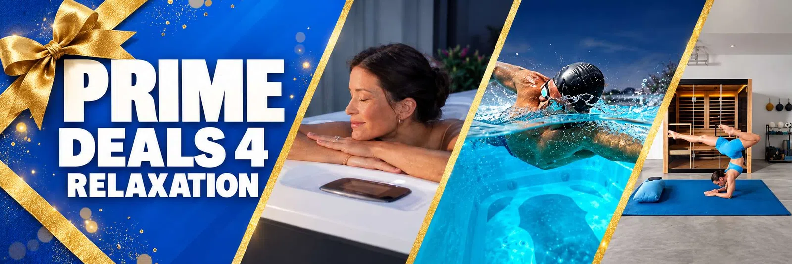 Grand opening sales event with people enjoying hot tubs, sauna, and outdoor yoga with a dog on blue mats.