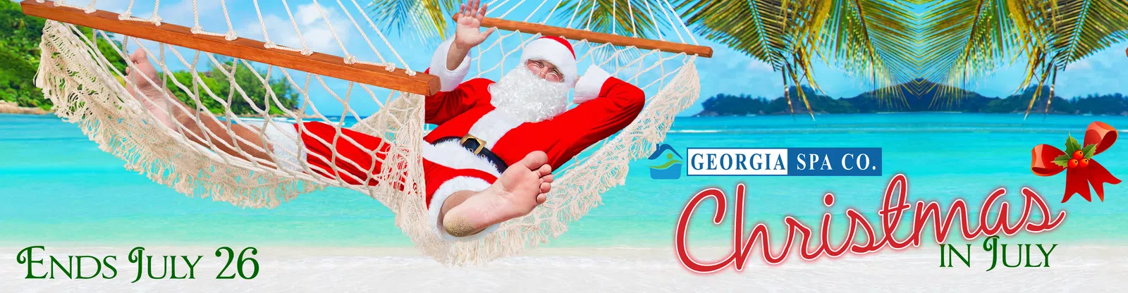 Santa Claus relaxing in a hammock on a tropical beach with palm trees during Christmas in July sale.