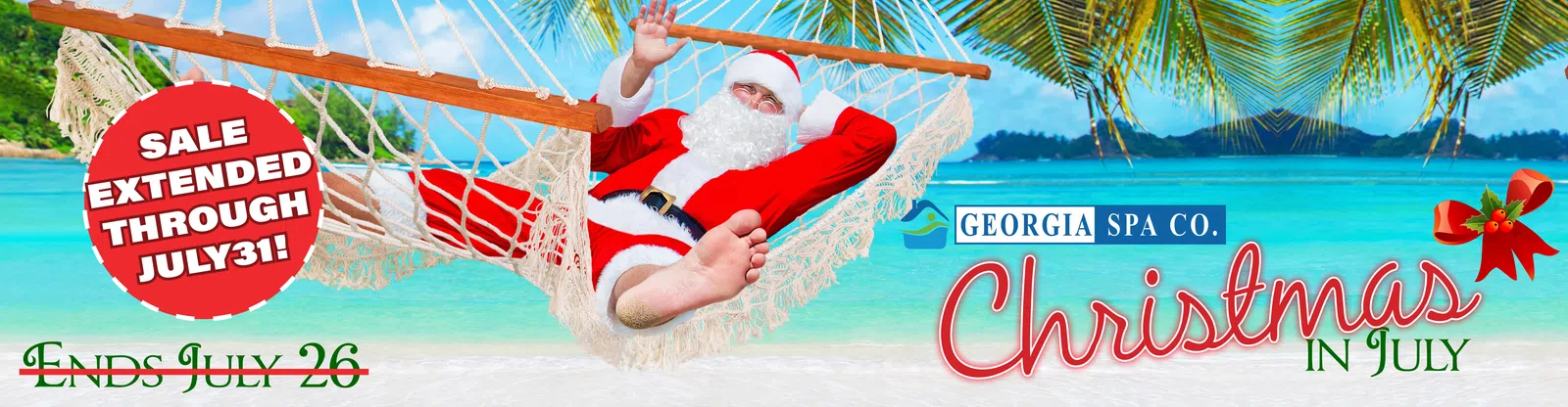 Santa Claus relaxing in a hammock on a tropical beach with palm trees for Christmas in July promotion.