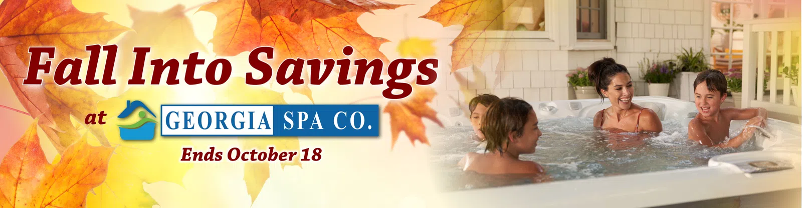Family enjoying hot tub with fall leaves and Fall Into Savings promotion at Georgia Spa Co.