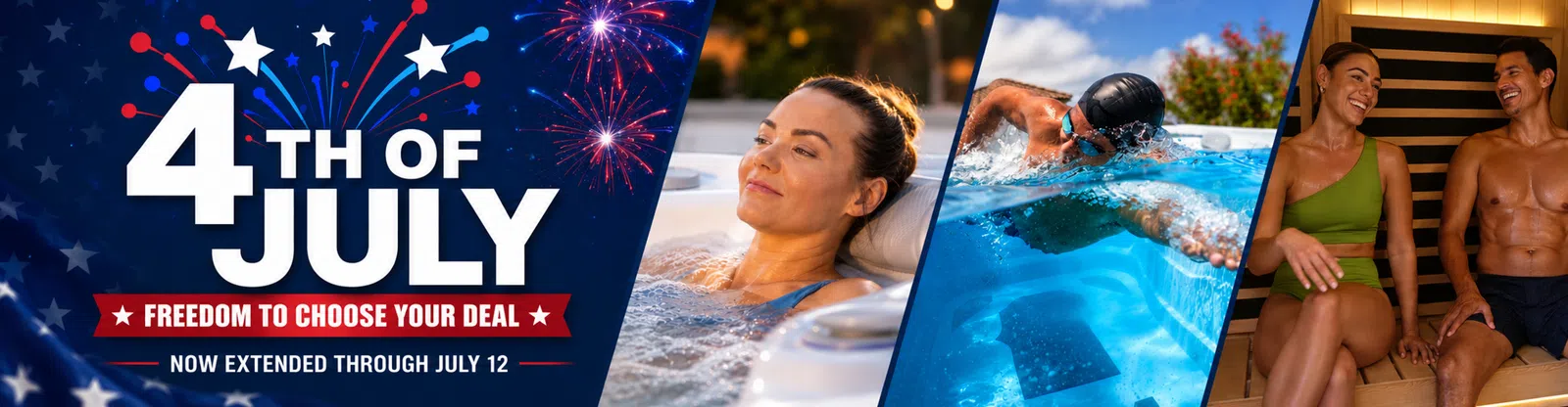 4th of July offer banner with fireworks, woman relaxing in hot tub, swimmer in pool, and couple in sauna.