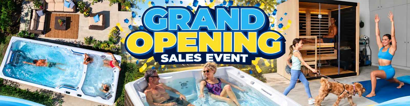 Grand opening sales event with people enjoying hot tubs, sauna, and outdoor yoga with a dog on blue mats.