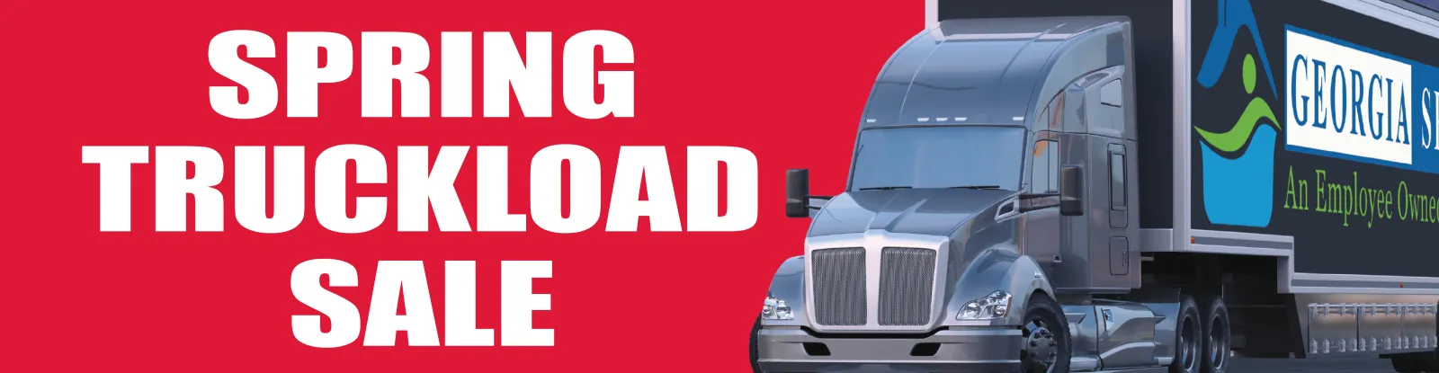 Blue semi-truck with trailer next to bold white Spring Truckload Sale text on red background