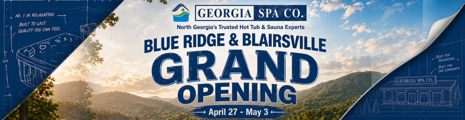 Grand opening banner for Georgia Spa Co. in Blue Ridge and Blairsville with mountain and sky background.