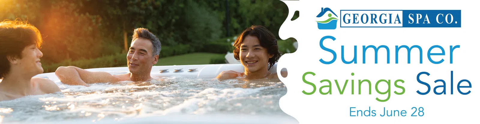 Three men enjoying a hot tub outdoor with summer savings sale promotion by Georgia Spa Co.