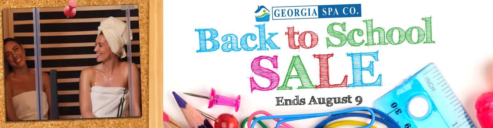 Georgia Spa Co. Black Friday in July sale banner with modern wooden sauna and glass door, ends July 19.