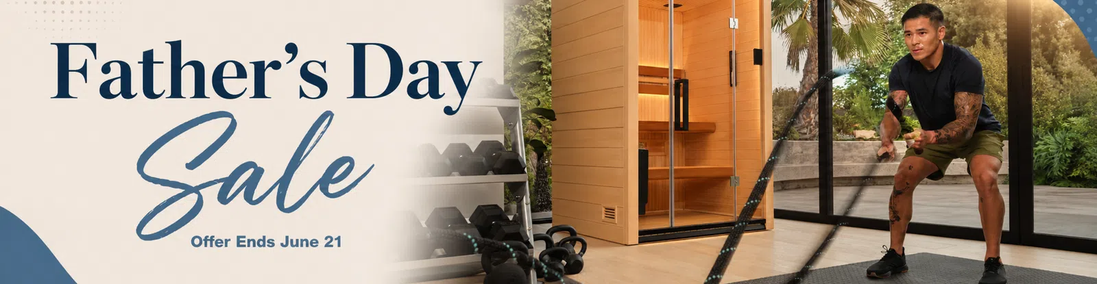 Father's Day sale banner with a man exercising indoors using resistance bands near a sauna and weights.