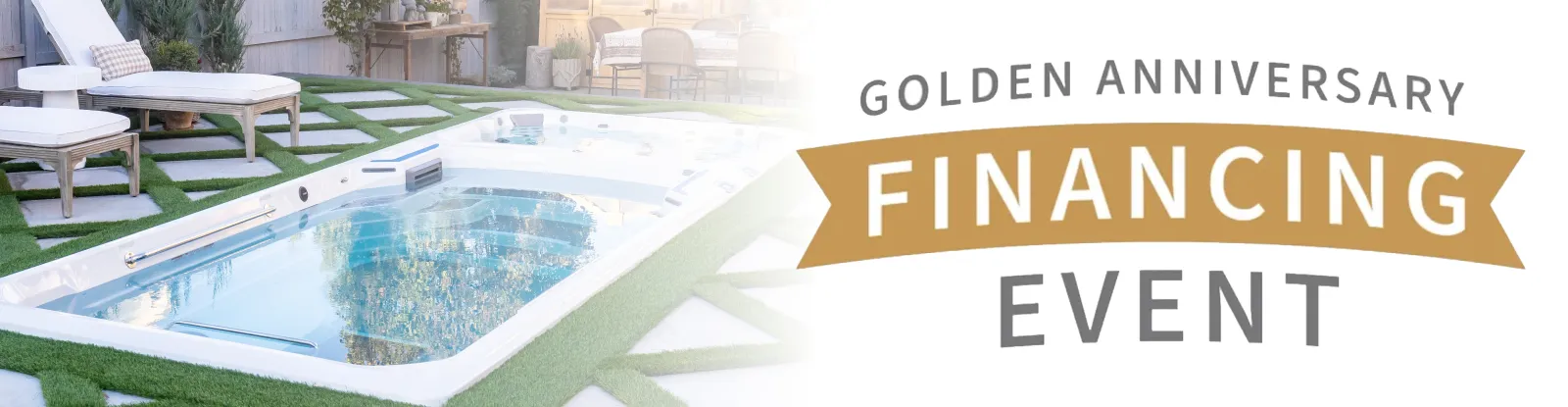 Modern outdoor heated pool with lounge chairs and Golden Anniversary Financing Event banner in background
