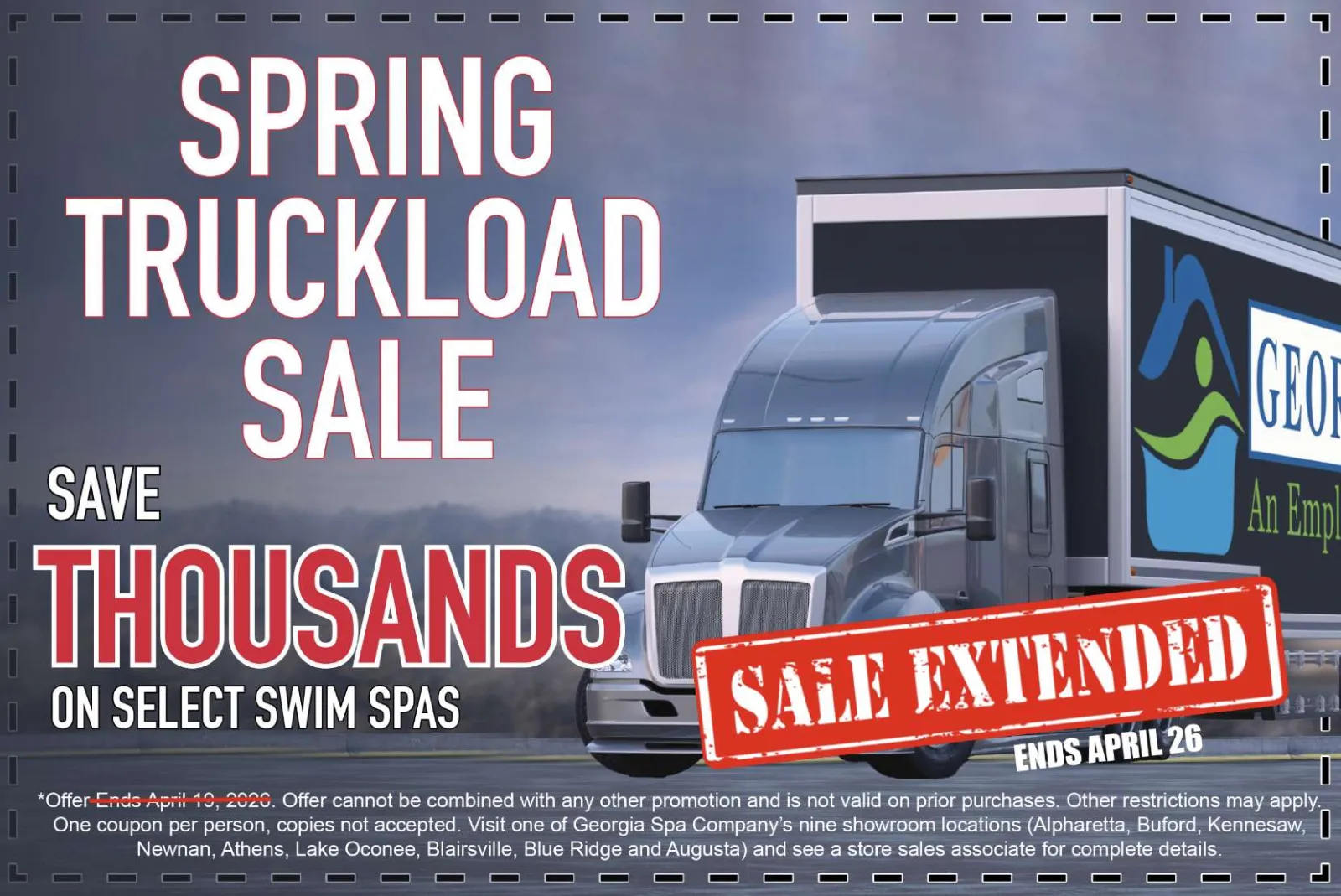 Spring truckload sale with large semi truck and red sale extended stamp, promoting swim spa discounts