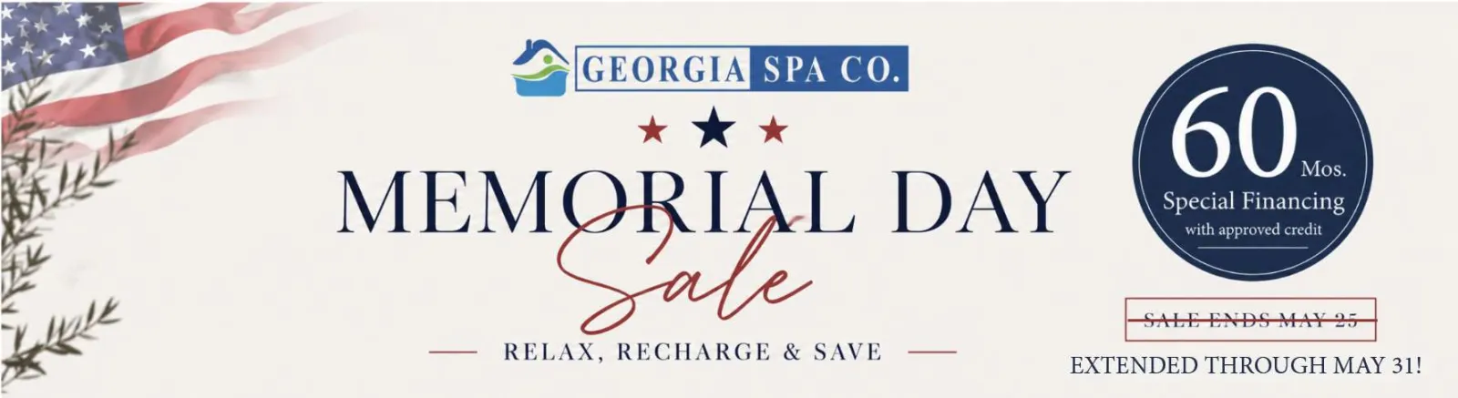 Georgia Spa Co. Memorial Day Sale offering 60 months special financing, sale extended through May 31.