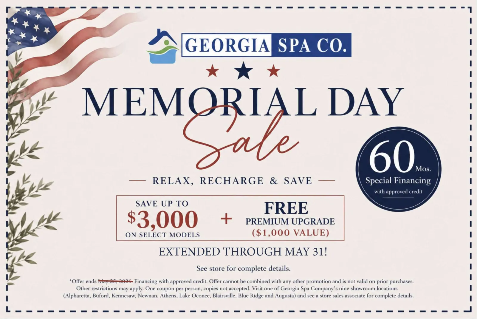 Georgia Spa Co. Memorial Day Sale offers up to $3,000 off, free premium upgrade, and 60 months special financing.