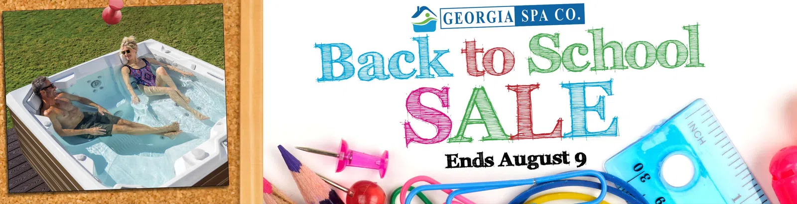 Georgia Spa Co. Black Friday in July sale banner with a modern white and gray spa hot tub, ends July 19.