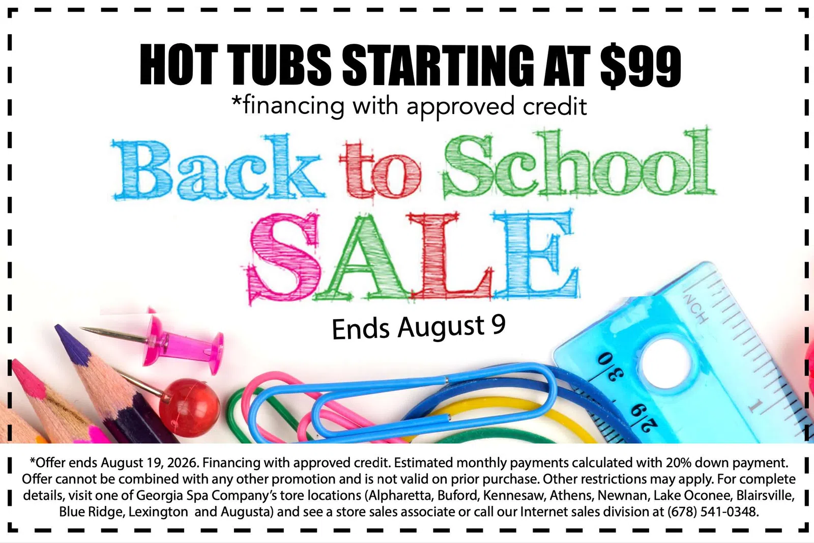 Back to school sale for hot tubs starting at $99 with colorful pencils, push pins, paper clips, and a ruler