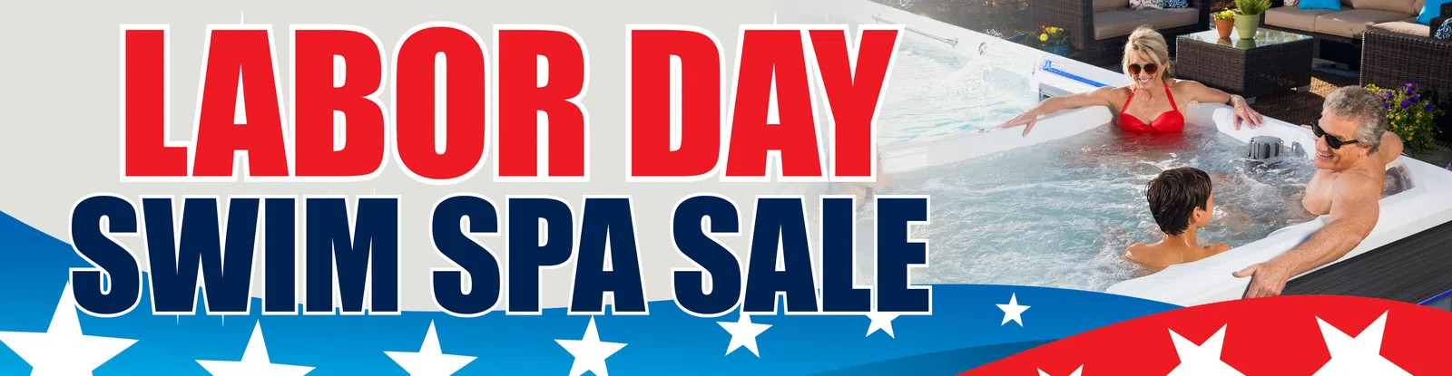 Family enjoying swim spa during Labor Day swim spa sale with patriotic red, white, and blue colors.