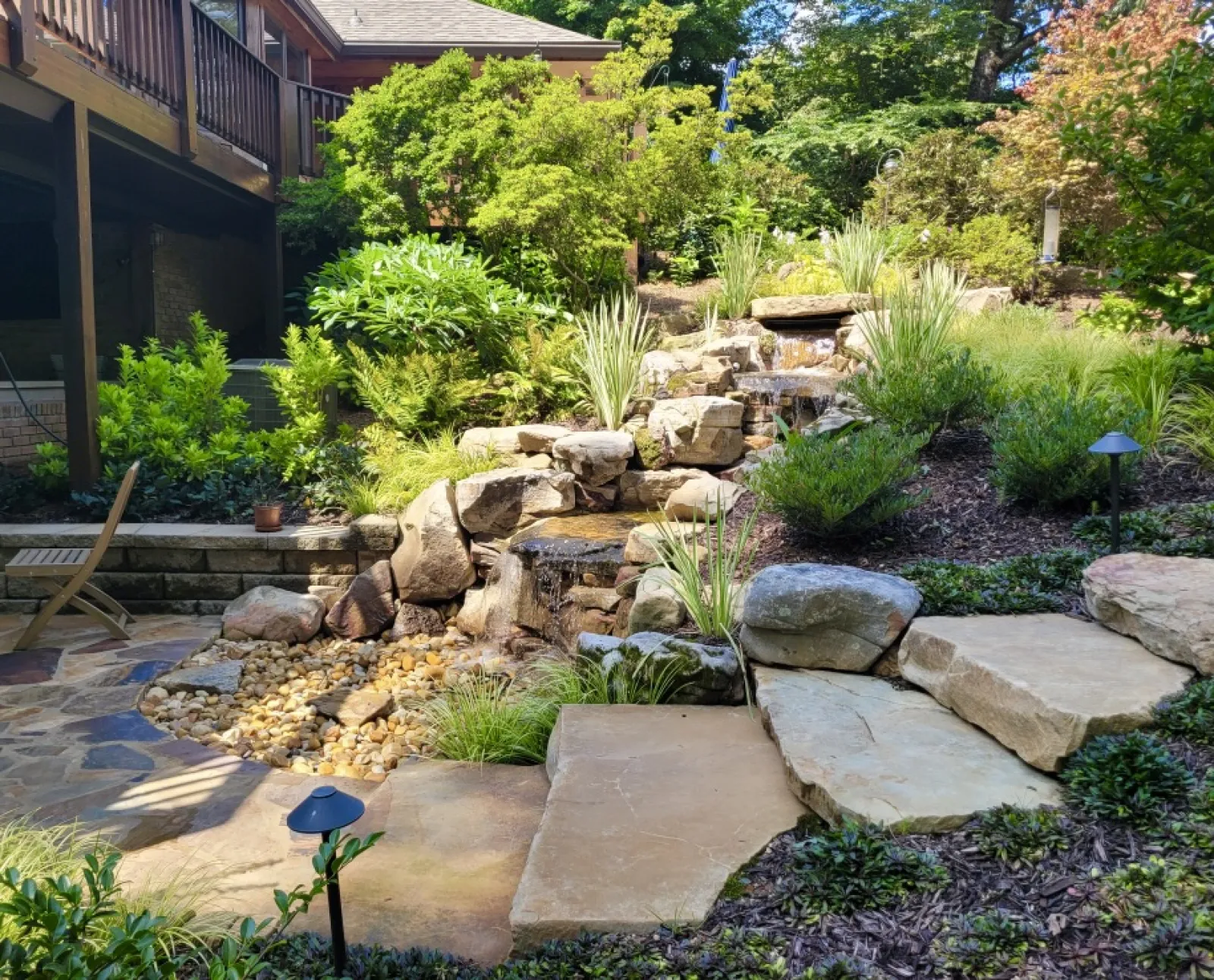a small garden with rocks and plants