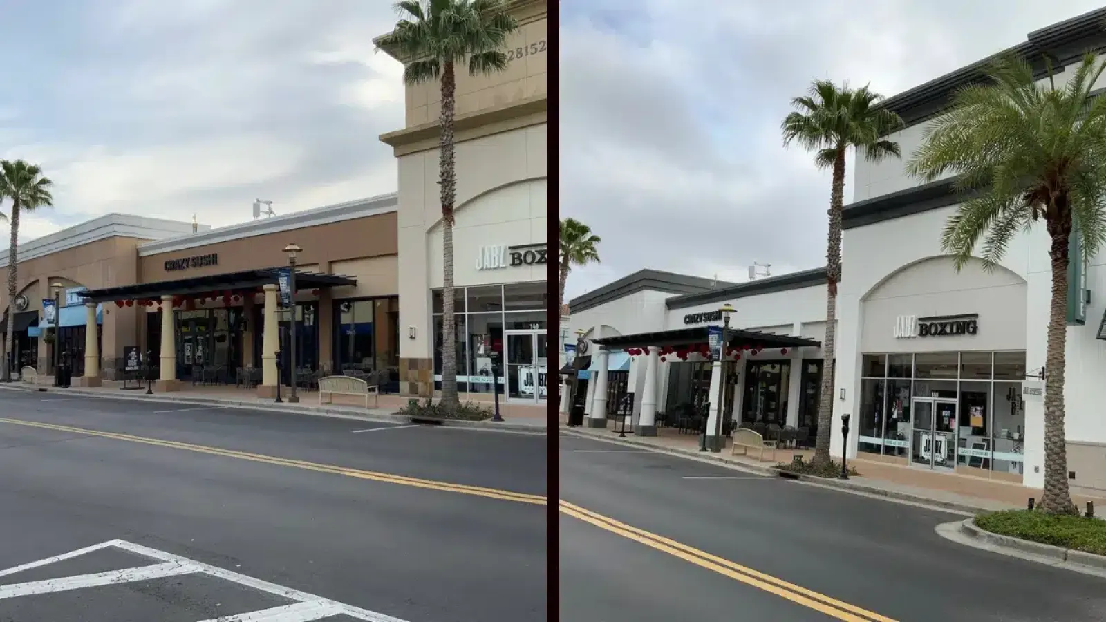 Exterior view of shopping center featuring a boxing gym and outdoor palm trees under cloudy sky