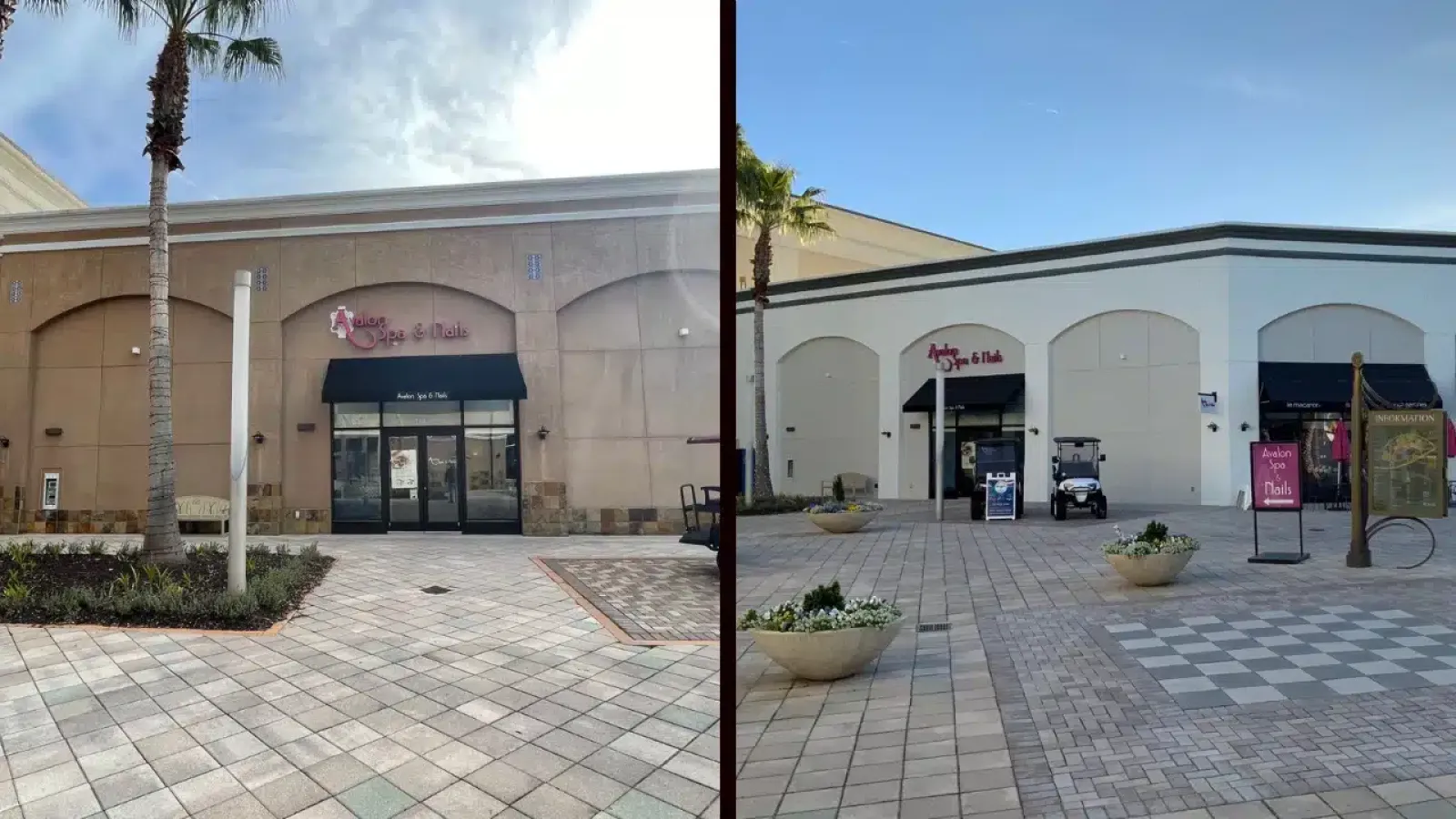 Exterior views of Avalon Spa & Nails storefront with palm trees and tiled plaza in daytime light.