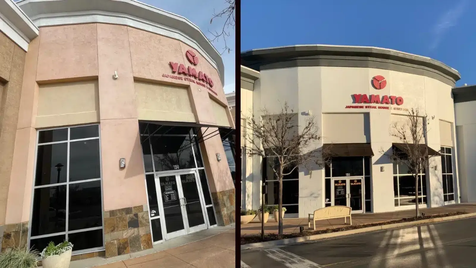 Two Yamato Japanese Steak House building exteriors with large windows and signage in daylight.