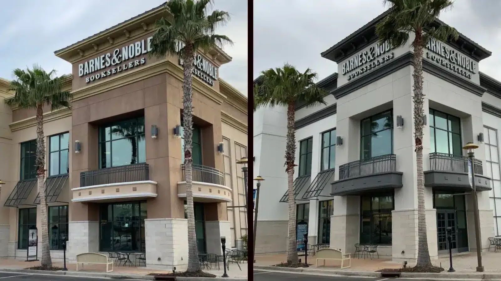 Side-by-side images of Barnes & Noble bookstore buildings with palm trees on urban street corners.
