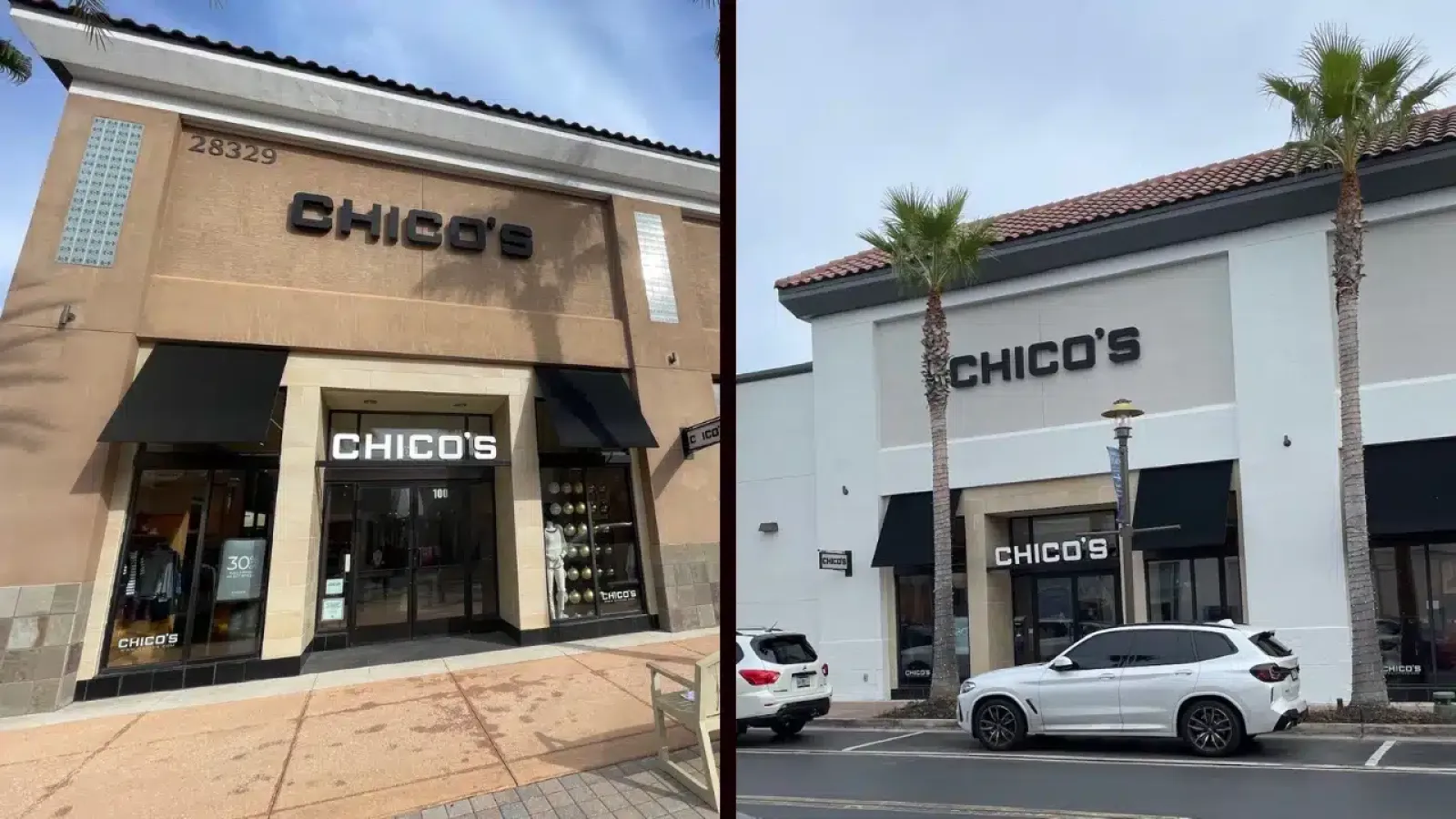 Exterior views of two Chico's clothing stores with storefront signage and nearby parked cars under blue skies.