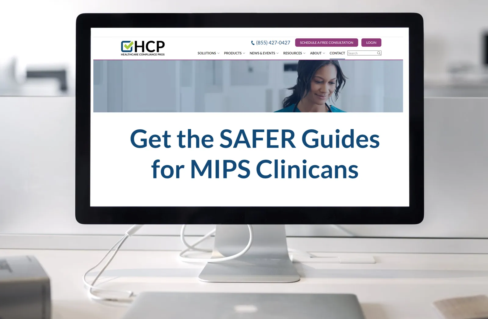 a monitor screen displays &quot;Get the SAFER Guides for MIPS Clinicians&quot;