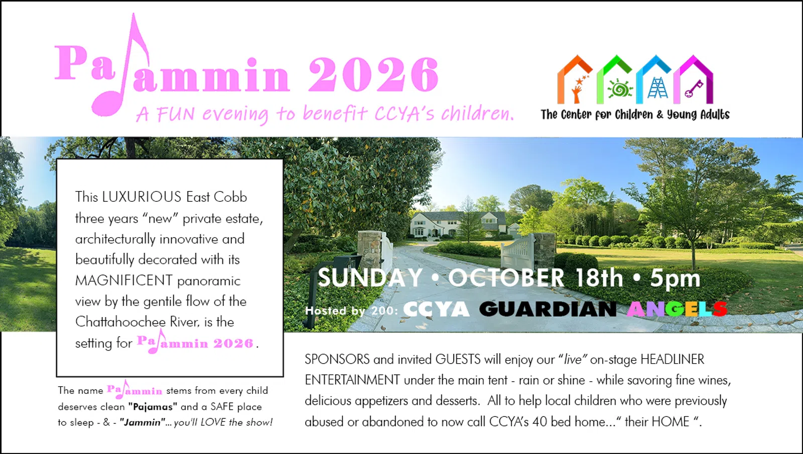 Invitation for PaJAMmin 2026 charity event benefiting CCYA children with details and scenic estate photo.