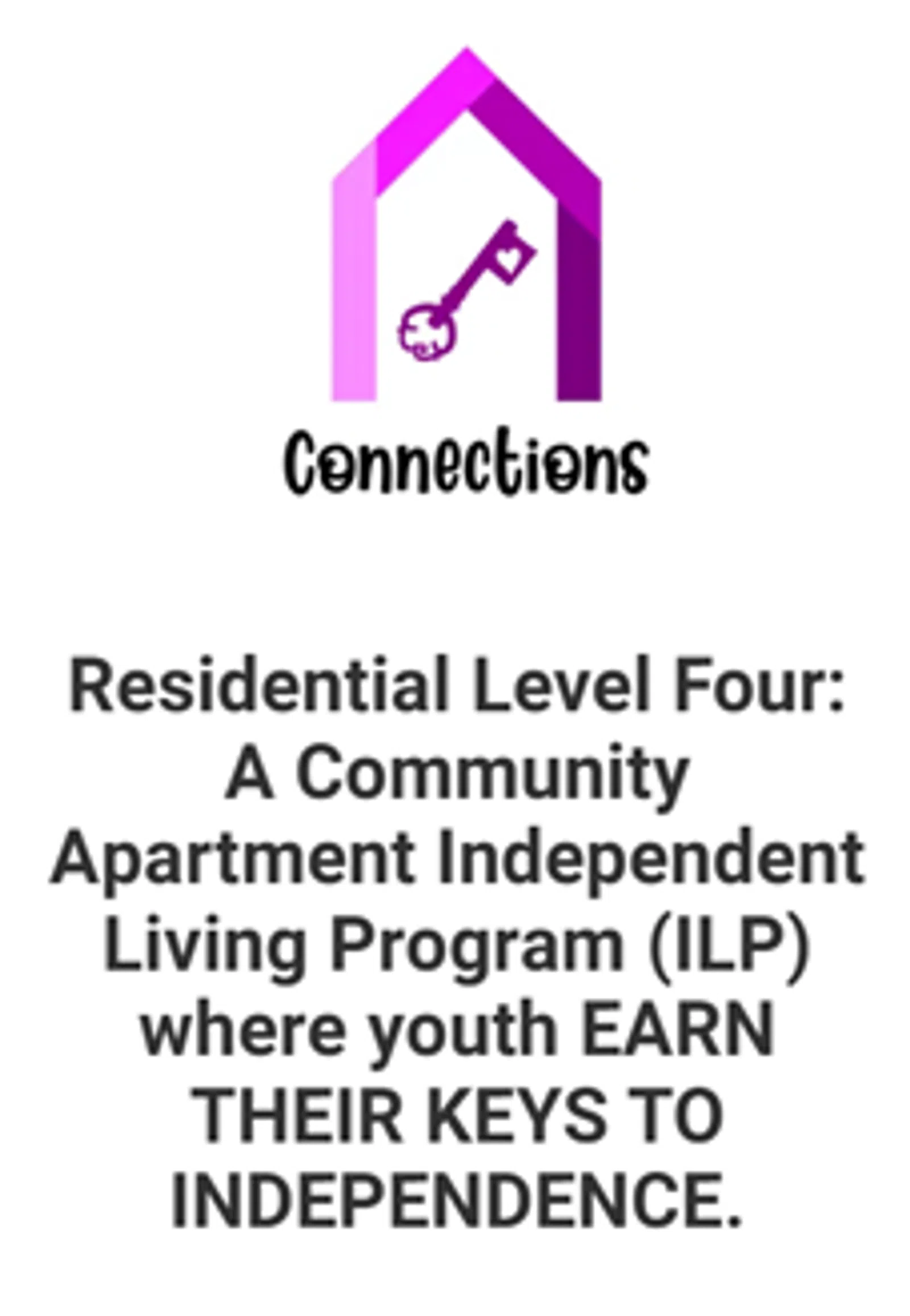 Logo with purple house outline and key icon above the word 'Connections' describing a youth independent living program.