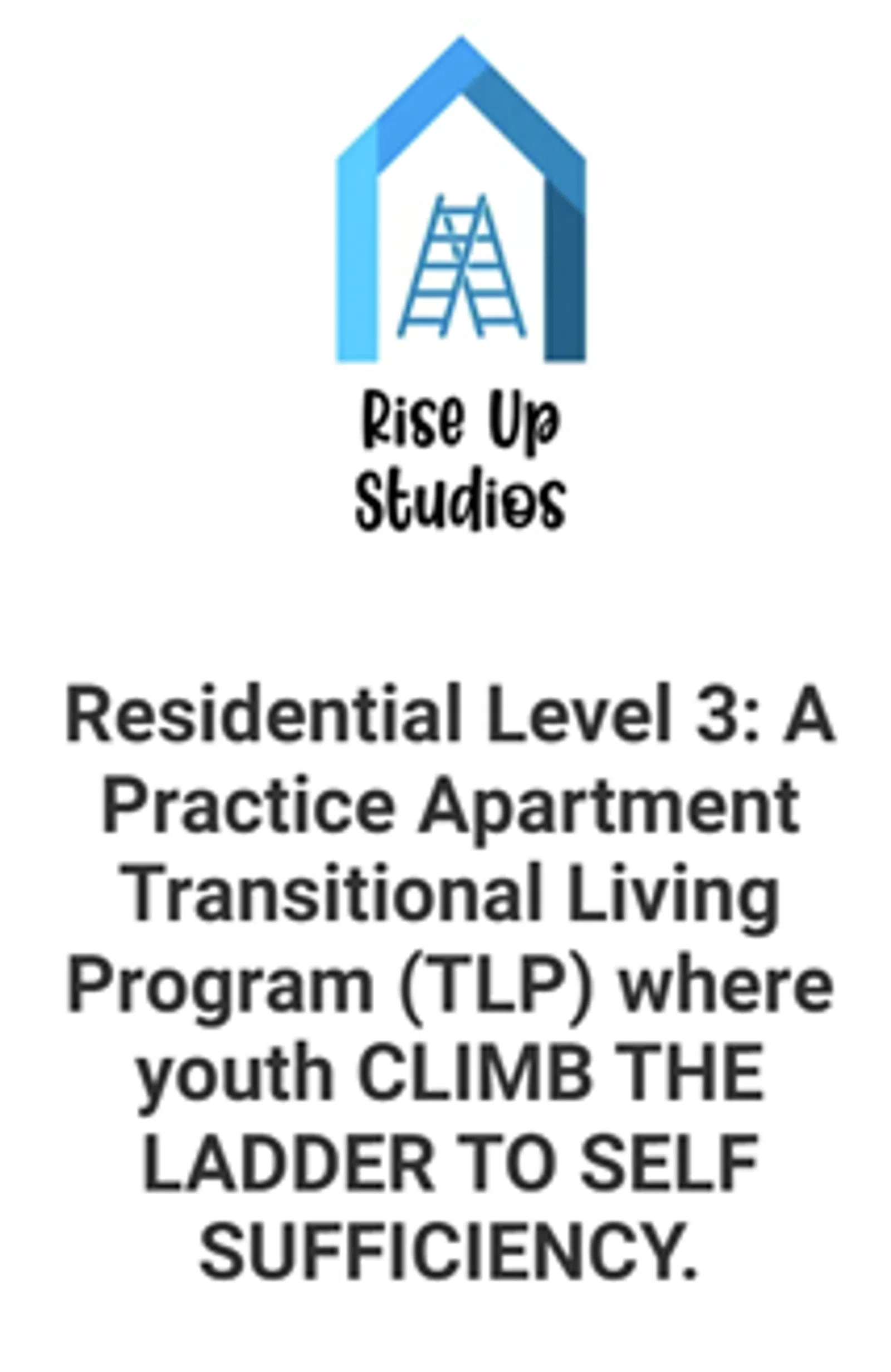 Logo of Rise Up Studies with a ladder inside a blue house outline symbolizing growth and self-sufficiency.