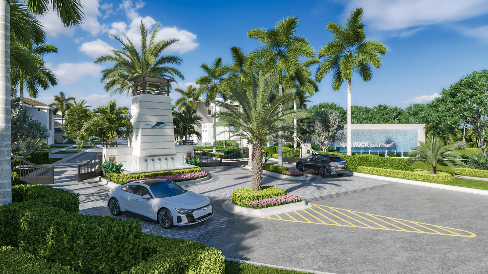 Entrance of Hammock Bay community with palm trees, cars, and a stone monument under a blue sky.
