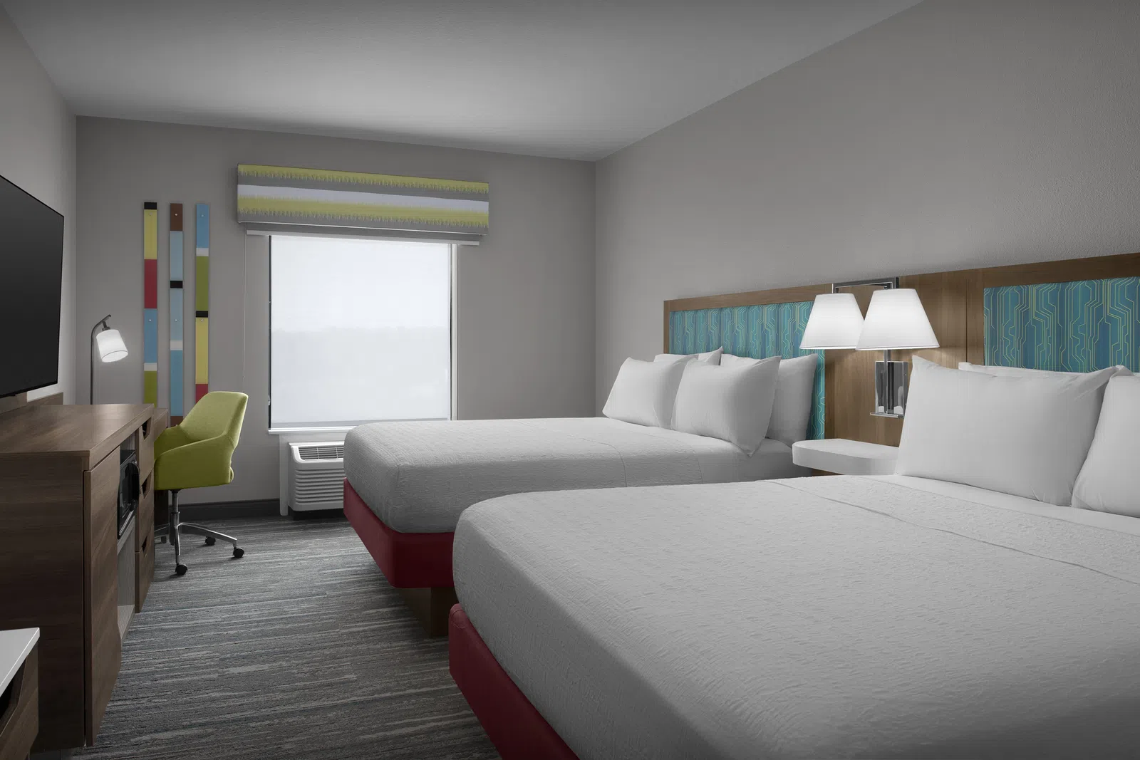 Modern hotel room with two queen beds, white linens, wooden furniture, green chair, and a large window with blind.