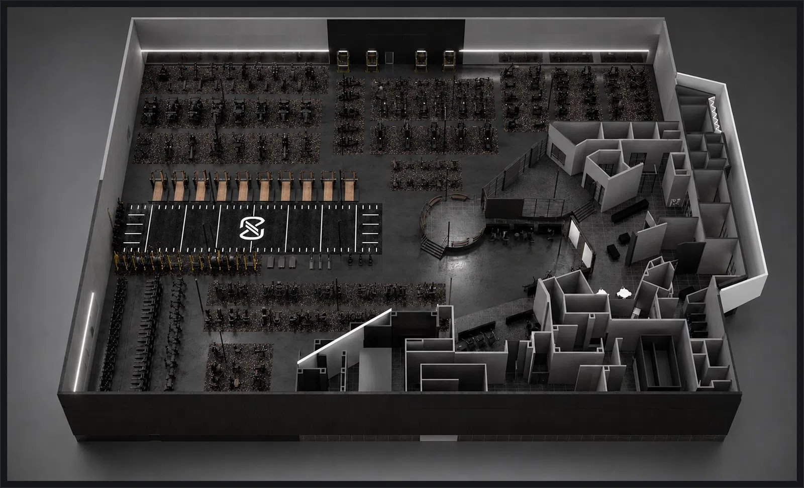 Top-down 3D floor plan of a large gym with workout zones, weight machines, cardio area, and locker rooms.