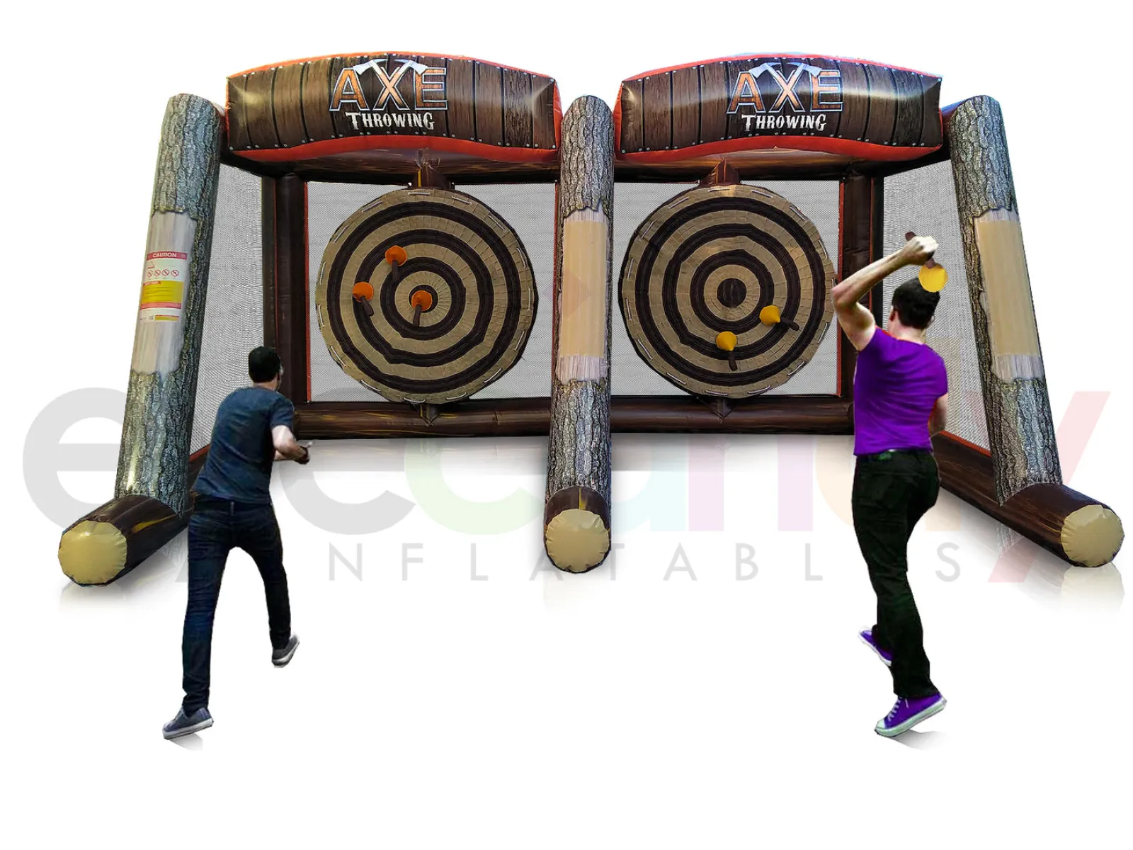 Two men playing on an inflatable axe throwing game with target boards and log-style frames indoors.