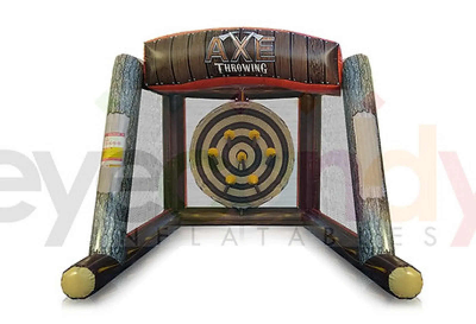 Inflatable axe throwing game with wooden log design and target in the center for outdoor activities or events.