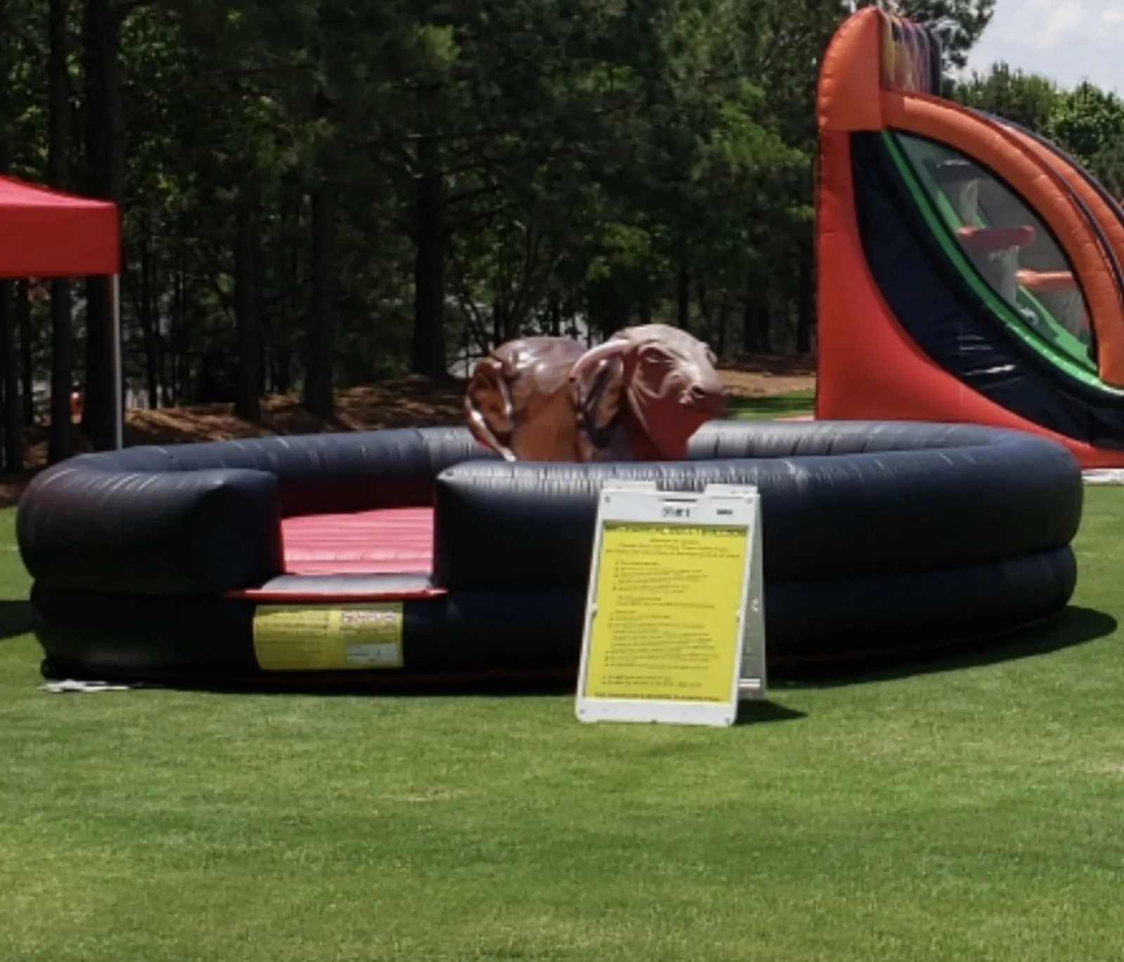 Mechanical bull ride setup on grass with safety inflatable ring and instruction sign on a sunny day.