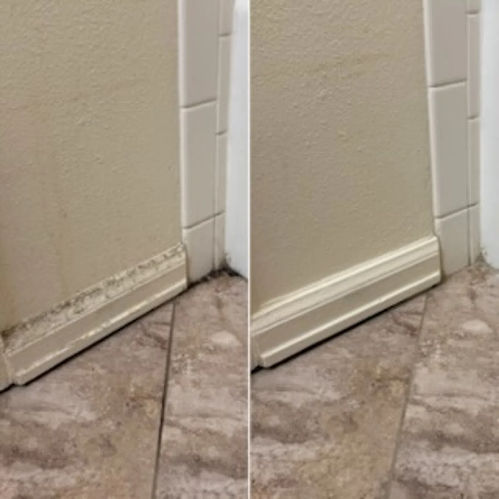 Side-by-side comparison of wall baseboard before and after cleaning and repair with improved appearance.