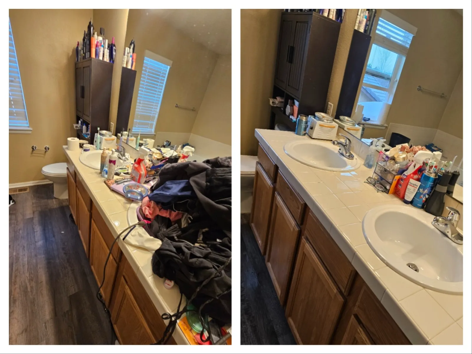 Side-by-side comparison of a cluttered and a clean bathroom countertop with double sinks and wooden cabinets.
