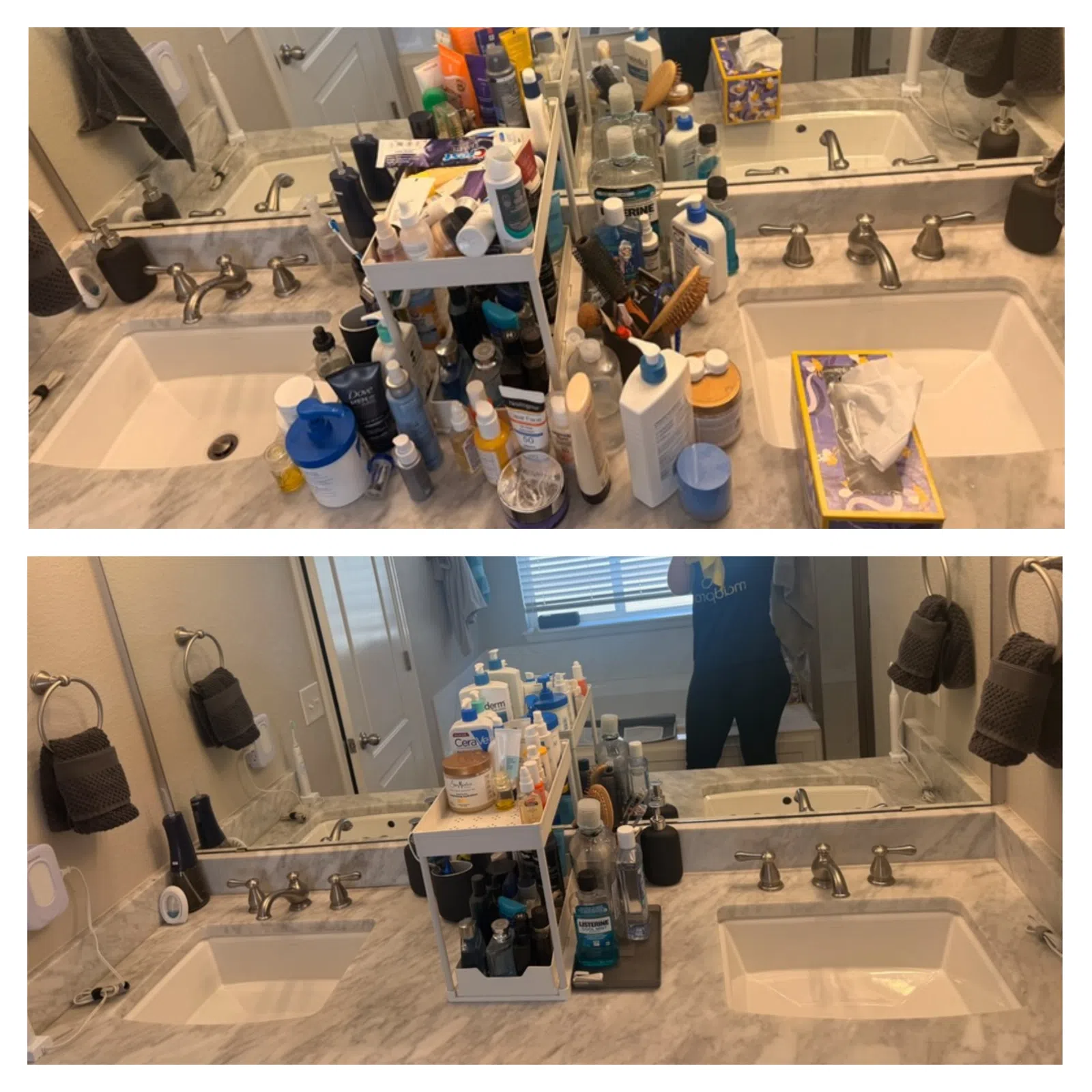 Before and after photos showing a cluttered and then organized bathroom countertop with skincare and hygiene products.