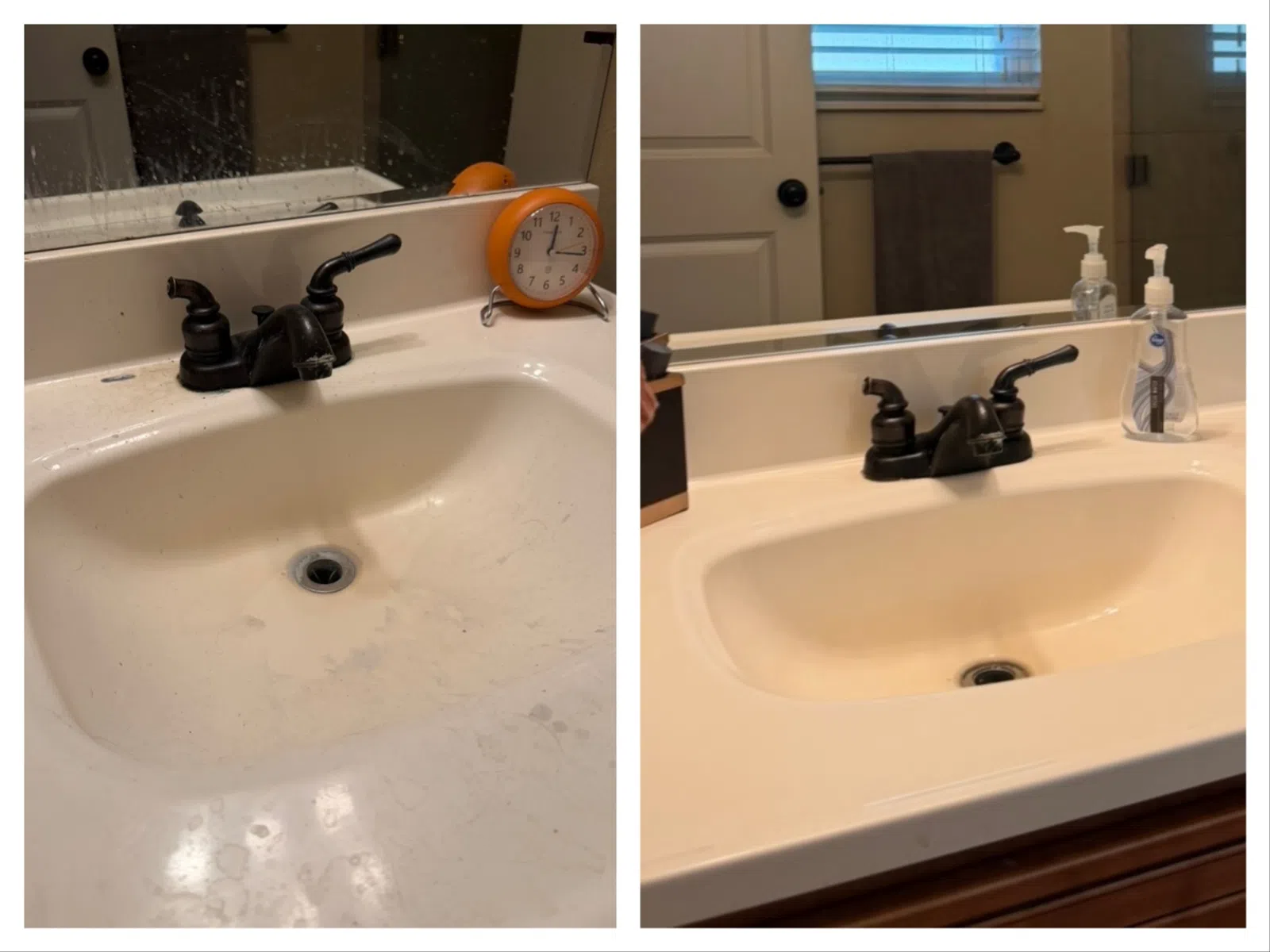 Side-by-side comparison of a dirty and clean bathroom sink with black faucet and a mirror above.