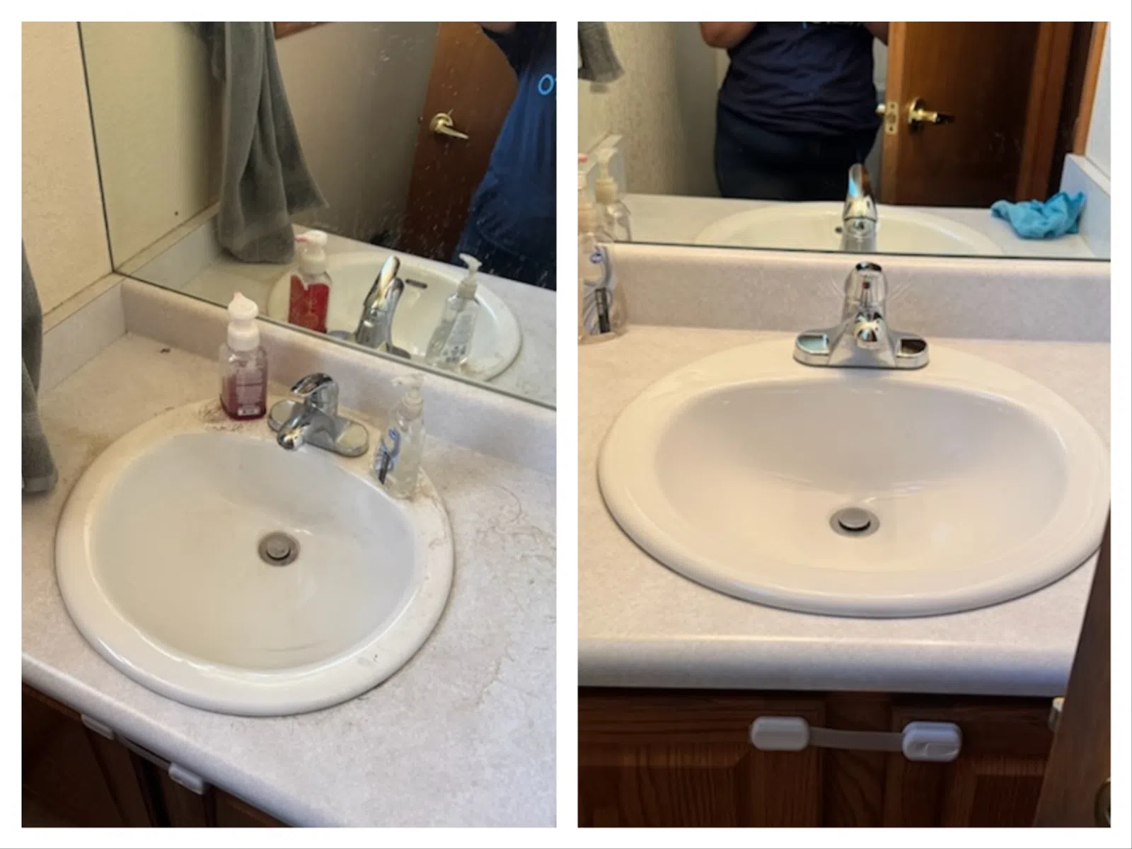Side-by-side comparison of a bathroom sink before and after deep cleaning and restoration, showing significant improvement.