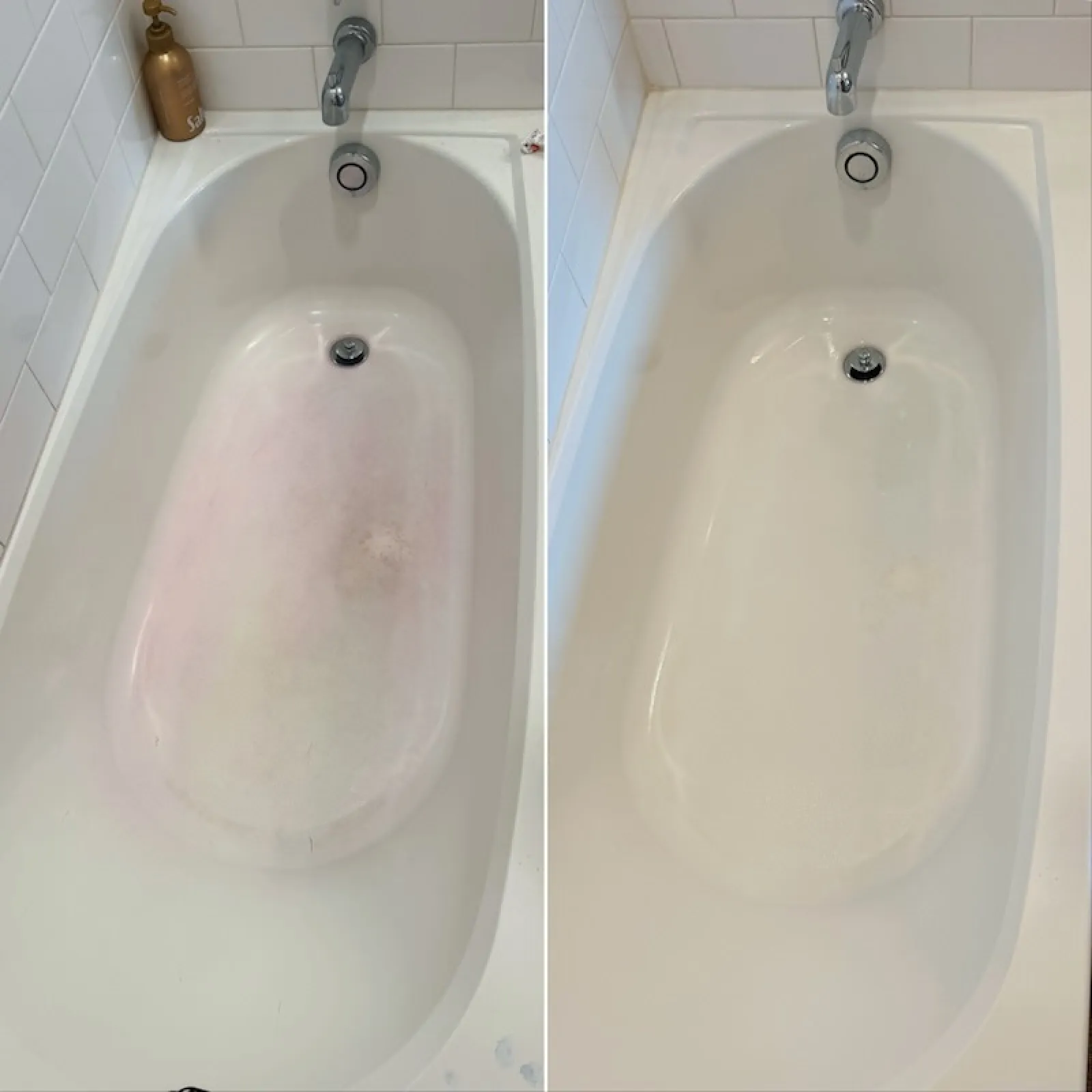 Side-by-side comparison of a bathtub before and after cleaning showing stain removal and whitening.