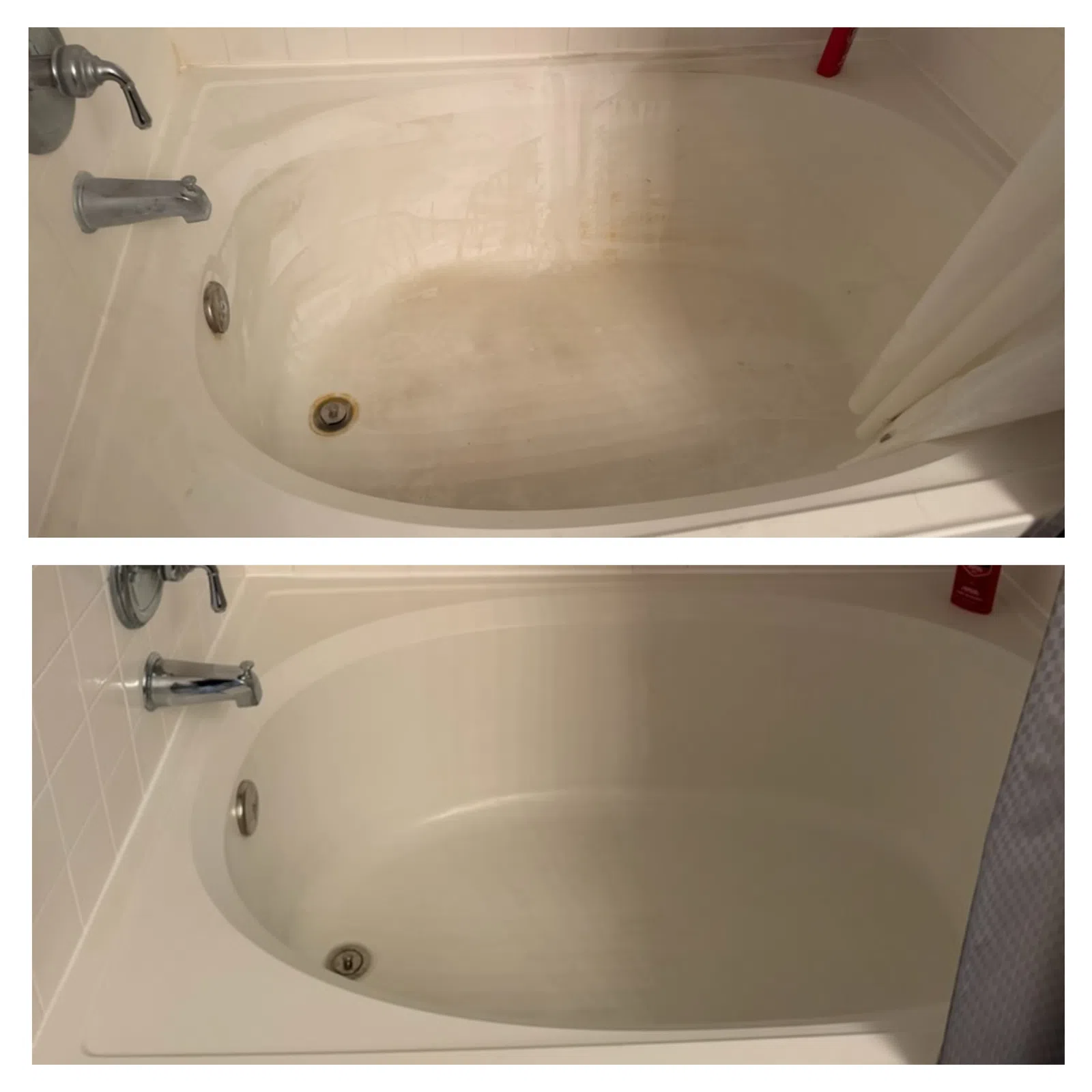 Before and after images of bathtub showing heavy stains removed and cleaned surface restored to white.