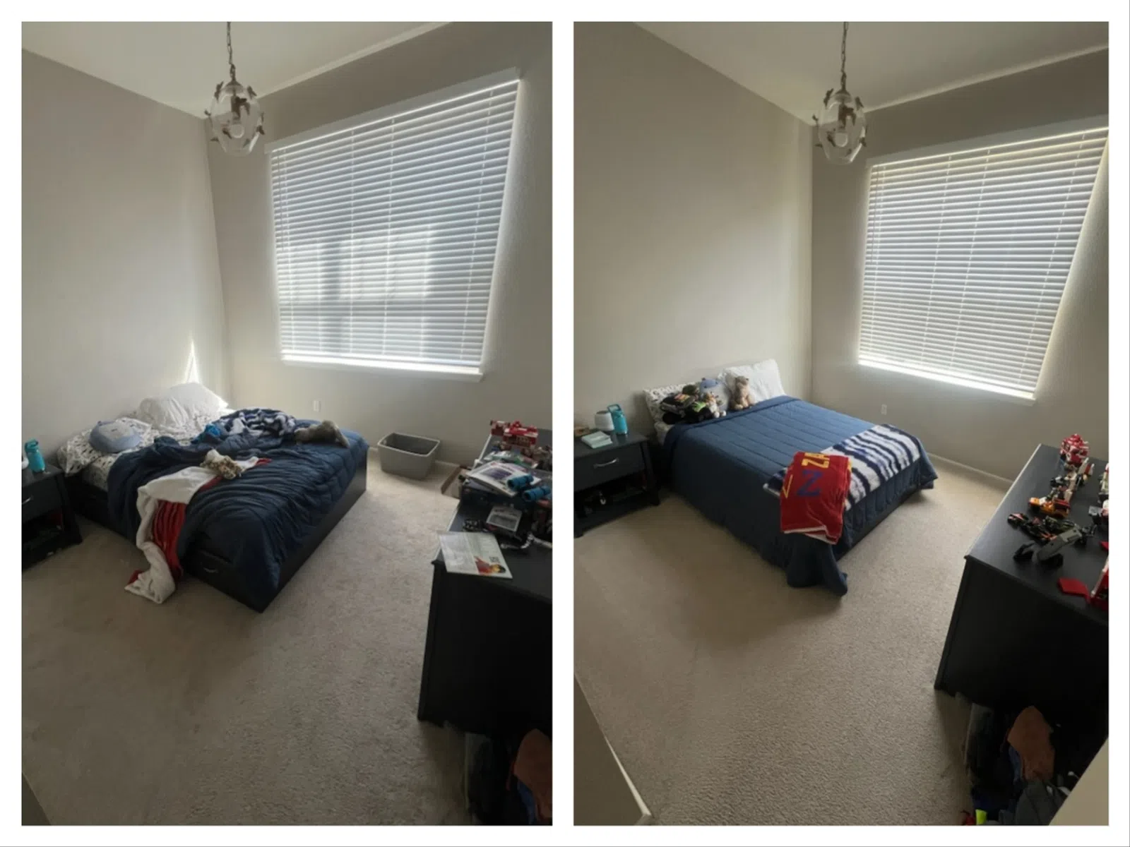 Before and after images of a boy's bedroom with a bed, window blinds, toys, and dark furniture showing neatness improvement.
