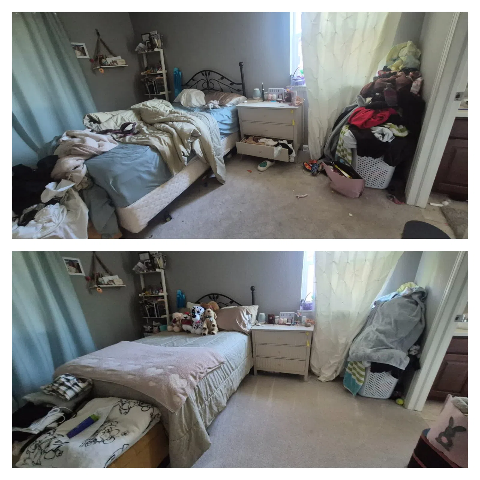Before and after images of a bedroom showing a messy bed and cluttered floor versus a neatly made bed and tidy space.