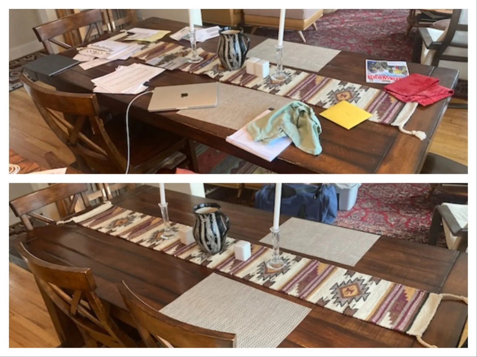 Before and after photos showing a wooden dining table cleaned of clutter and organized with decorative items.