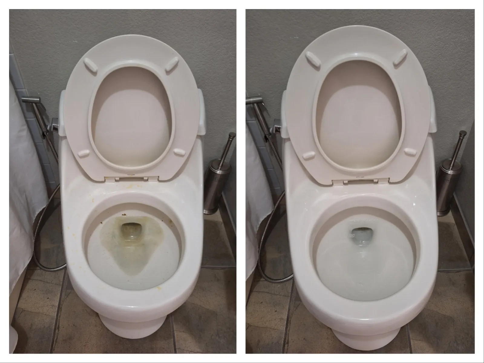 Side-by-side comparison of a toilet bowl before and after cleaning showing removal of stains and dirt.