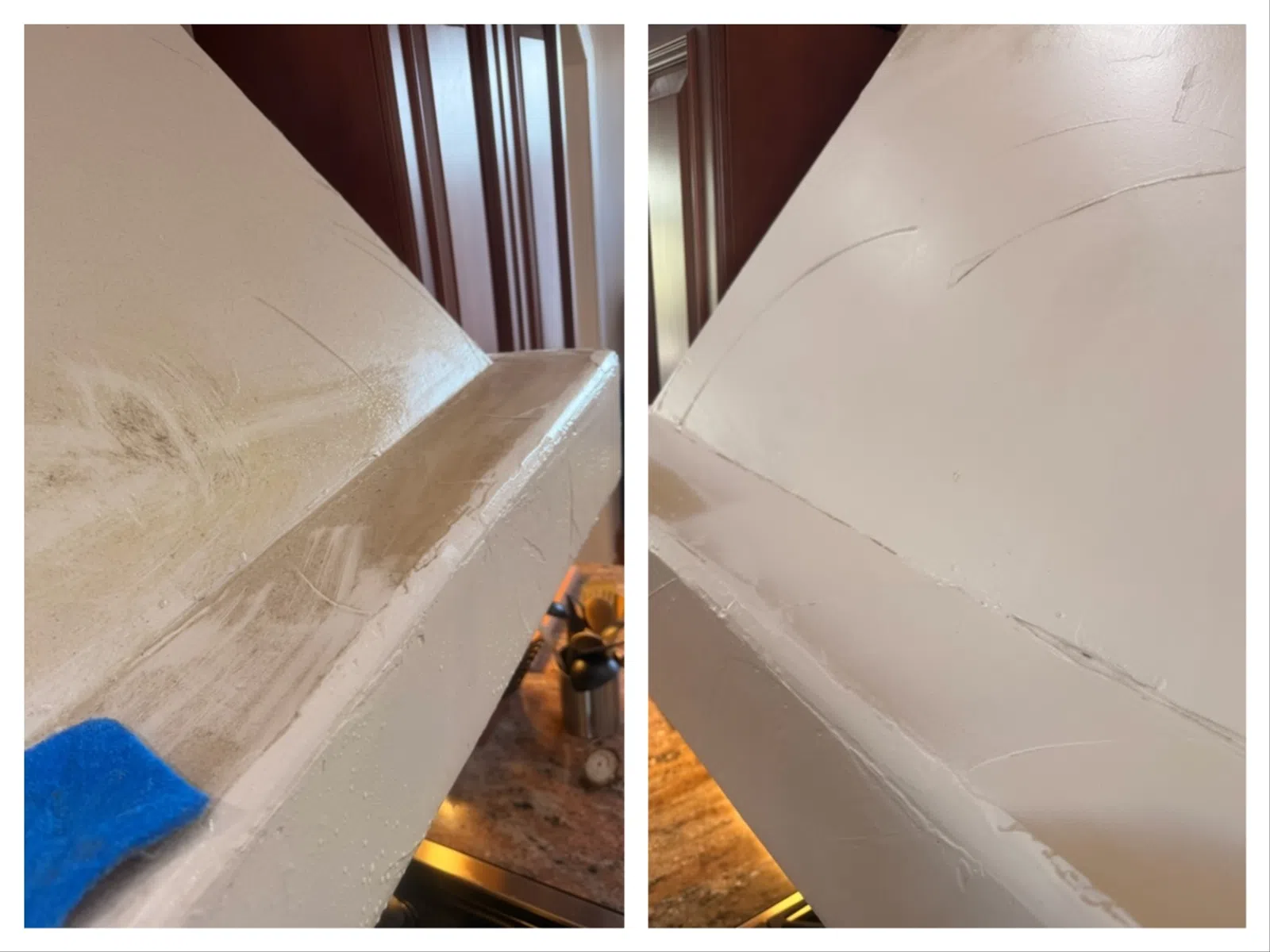 Side-by-side before and after cleaning of a dusty white kitchen cabinet edge near a countertop.